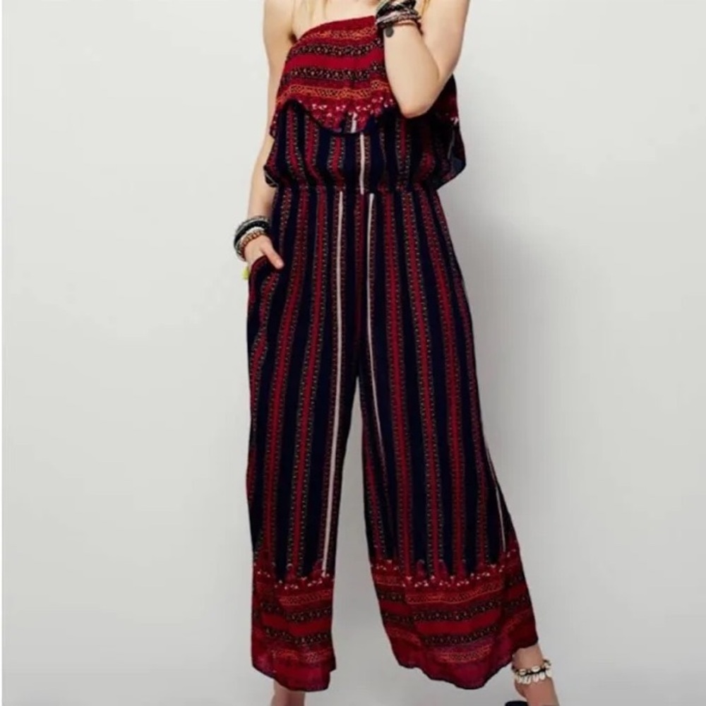 Free People Simone Flounce Patterned Strapless Jumpsuit Small Wide Leg Red Black